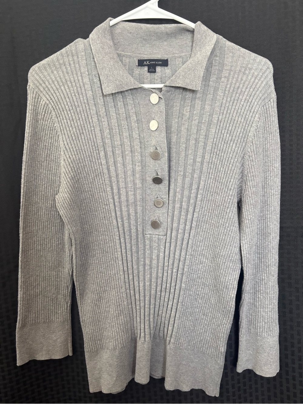 Anne Klein Light Gray Ribbed Button Polo Sweater